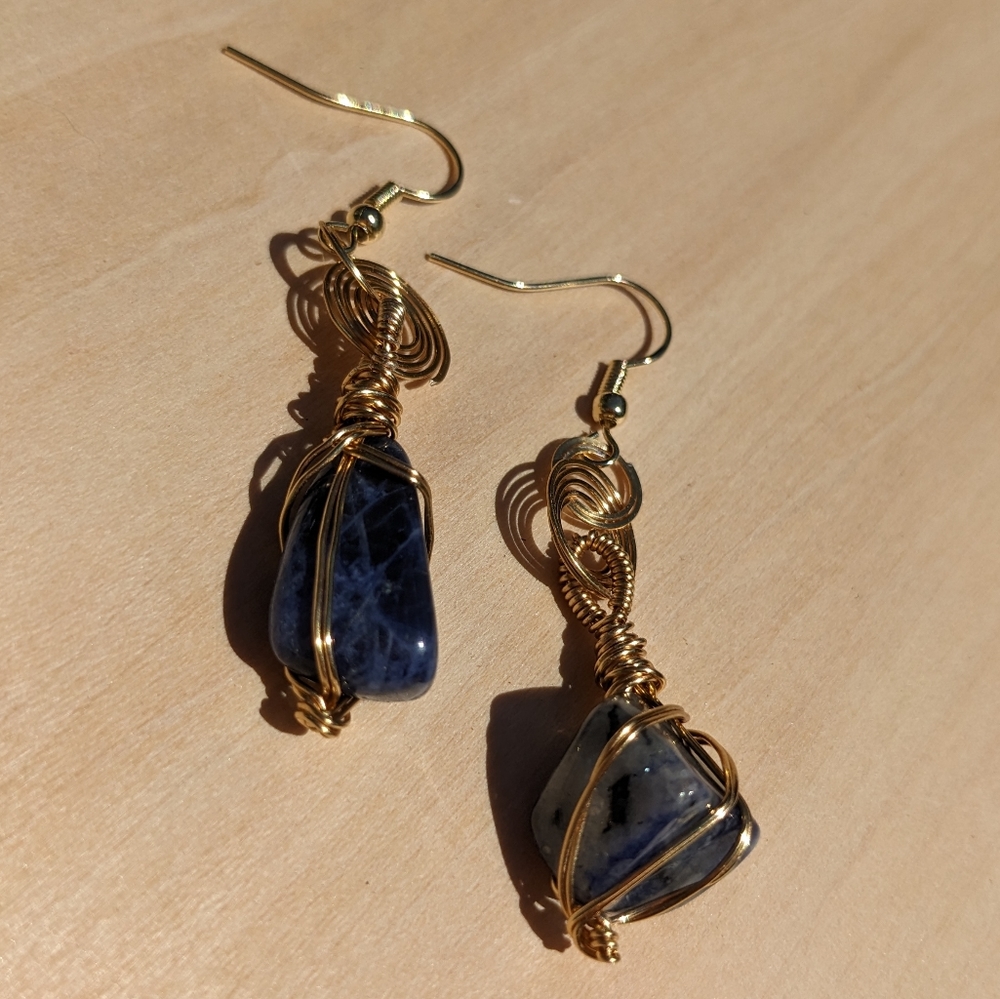 Sodalite Crystals Earrings Gold Hoops Wire Wrapped Handmade Crystals Gemstone - Picture 12 of 16